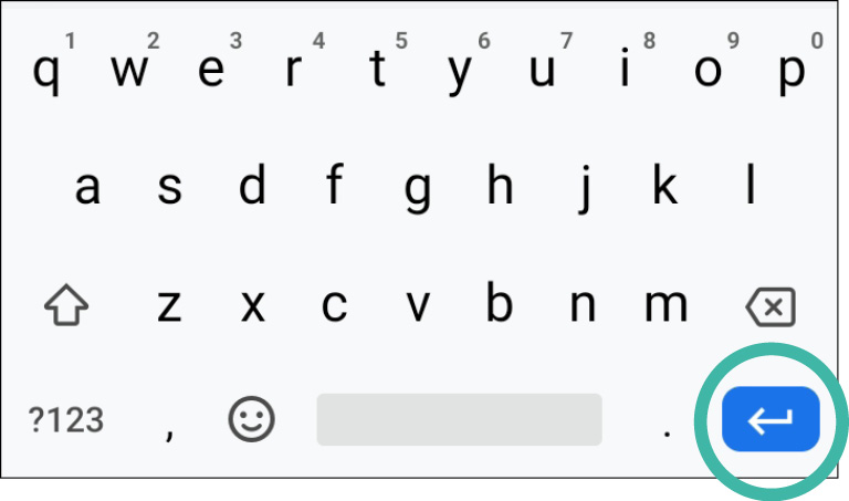 Un ingrandimento del tasto Invio sulla tastiera di un telefono Android